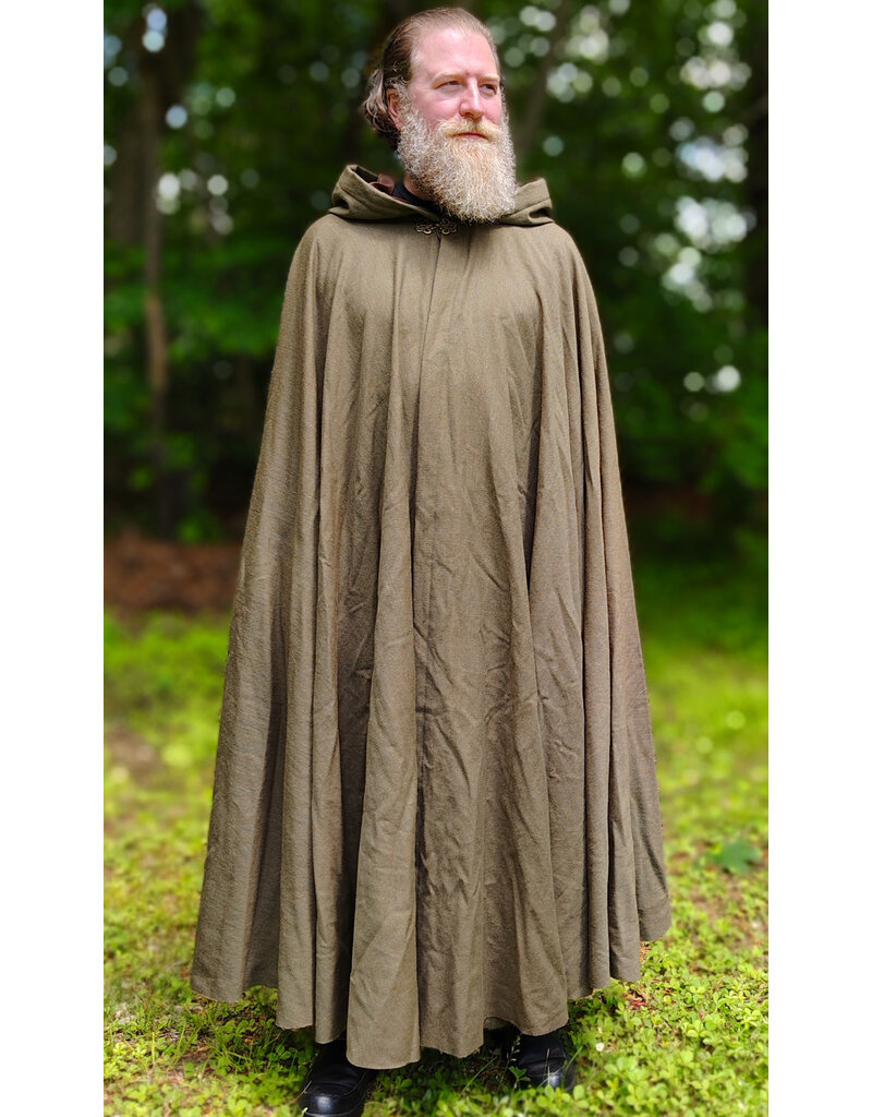 Cloakmakers.com 6048-Washable Greenish Brown Wool Blend Ranger Cloak w/ Brown Velvet Hood Lining & Bronze Tone Clasp