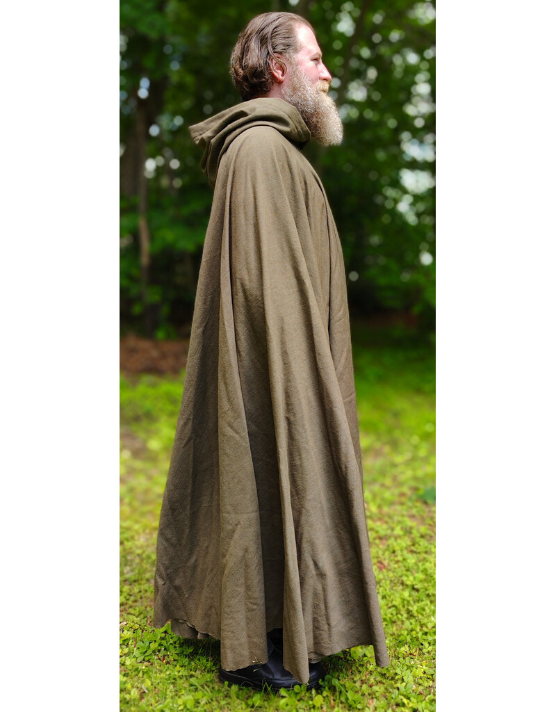 Cloakmakers.com 6048-Washable Greenish Brown Wool Blend Ranger Cloak w/ Brown Velvet Hood Lining & Bronze Tone Clasp