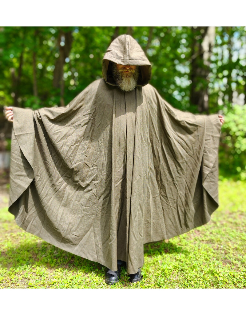 Cloakmakers.com 6048-Washable Greenish Brown Wool Blend Ranger Cloak w/ Brown Velvet Hood Lining & Bronze Tone Clasp