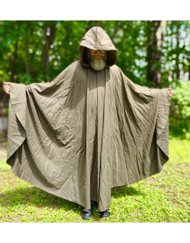 Cloakmakers.com 6048-Washable Greenish Heather Wool Blend Ranger Cloak w/ Brown Velvet Hood Lining & Bronze Tone Clasp