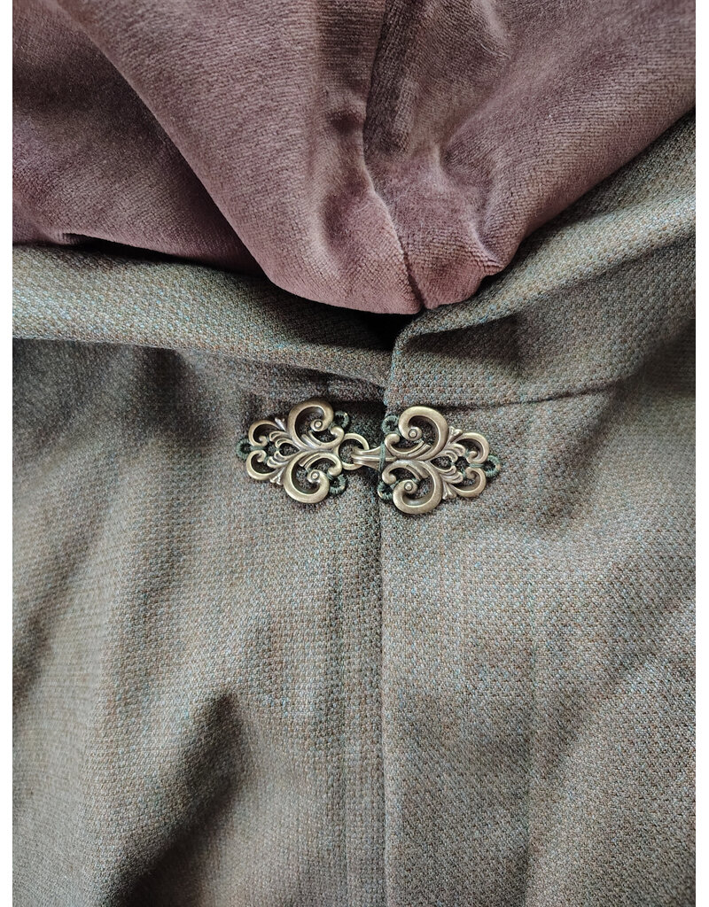 Cloakmakers.com 6048-Washable Greenish Brown Wool Blend Ranger Cloak w/ Brown Velvet Hood Lining & Bronze Tone Clasp