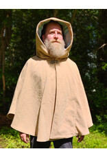 Cloakmakers.com 6050-Washable Beige Wool Cloak w/ Blue & Cream Floral Brocade Hood Lining & Matching Interior Pockets