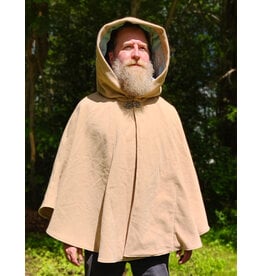 Cloakmakers.com 6050-Washable Beige Wool Cloak w/ Blue & Cream Floral Brocade Hood Lining & Matching Interior Pockets