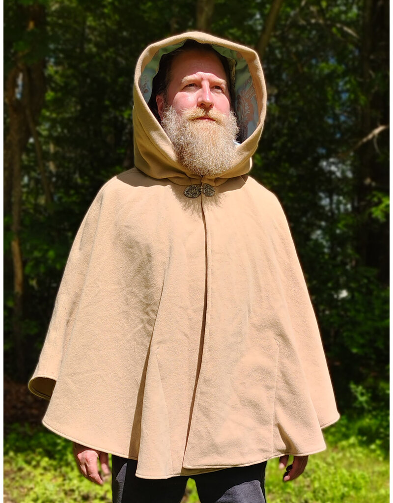 Cloakmakers.com 6050-Washable Beige Wool Cloak w/ Blue & Cream Floral Brocade Hood Lining & Matching Interior Pockets