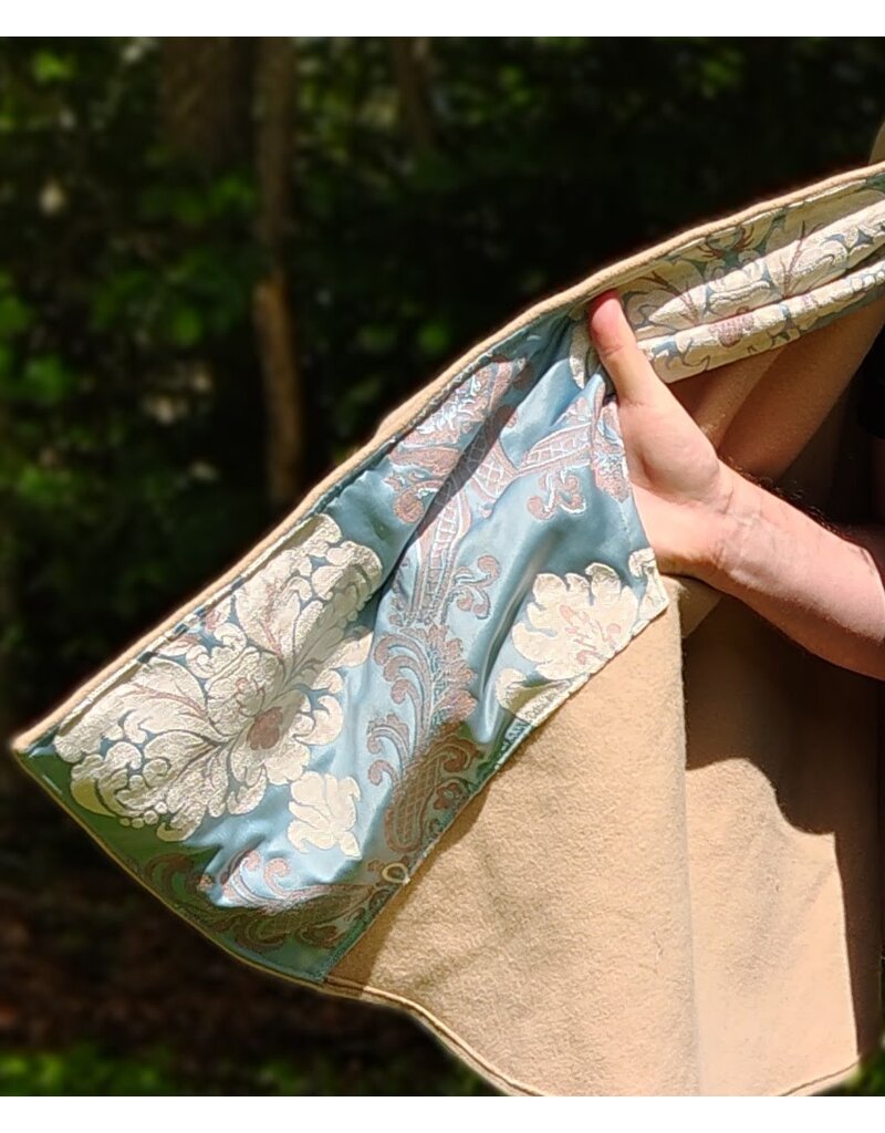 Cloakmakers.com 6050-Washable Beige Wool Cloak w/ Blue & Cream Floral Brocade Hood Lining & Matching Interior Pockets