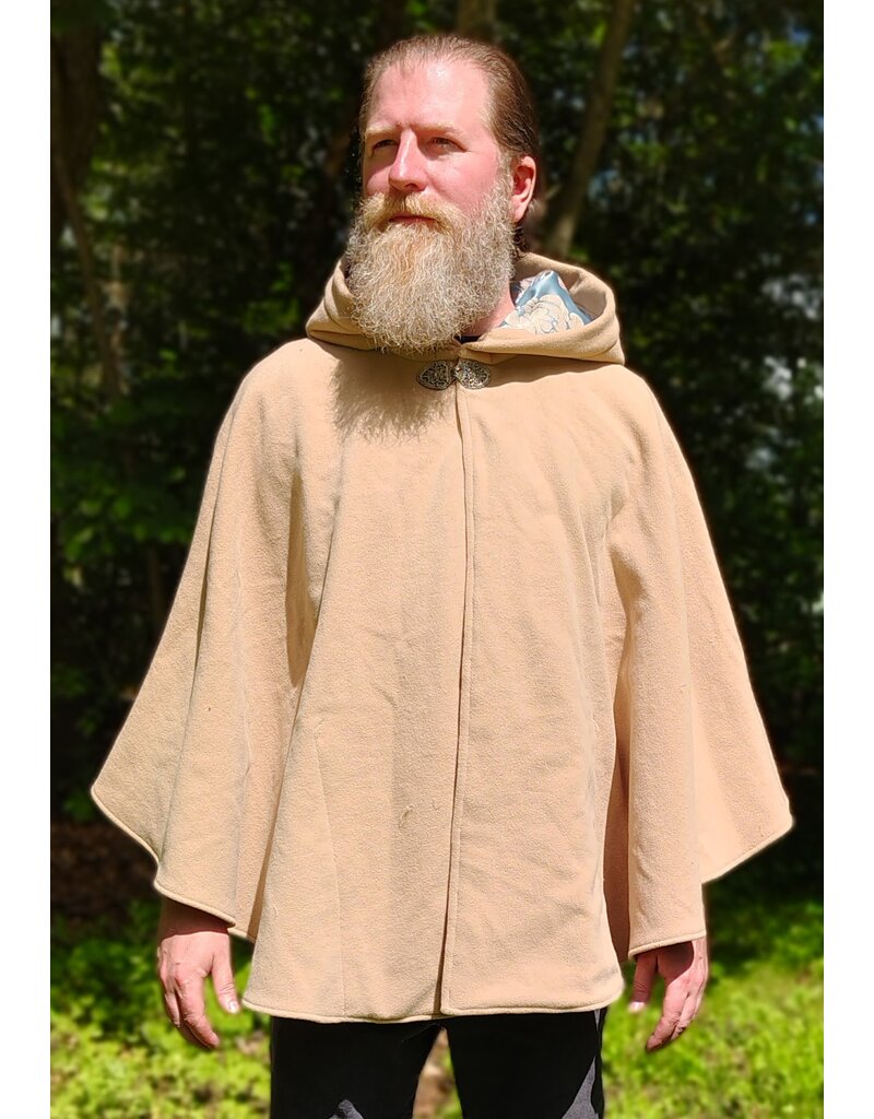 Cloakmakers.com 6050-Washable Beige Wool Cloak w/ Blue & Cream Floral Brocade Hood Lining & Matching Interior Pockets