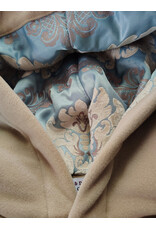 Cloakmakers.com 6050-Washable Beige Wool Cloak w/ Blue & Cream Floral Brocade Hood Lining & Matching Interior Pockets