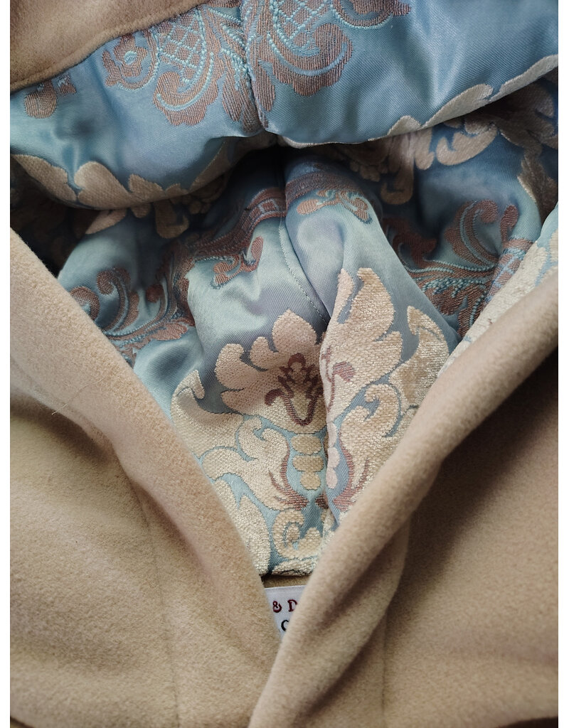 Cloakmakers.com 6050-Washable Beige Wool Cloak w/ Blue & Cream Floral Brocade Hood Lining & Matching Interior Pockets