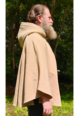 Cloakmakers.com 6050-Washable Beige Wool Cloak w/ Blue & Cream Floral Brocade Hood Lining & Matching Interior Pockets