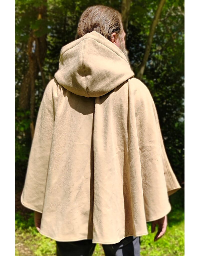 Cloakmakers.com 6050-Washable Beige Wool Cloak w/ Blue & Cream Floral Brocade Hood Lining & Matching Interior Pockets