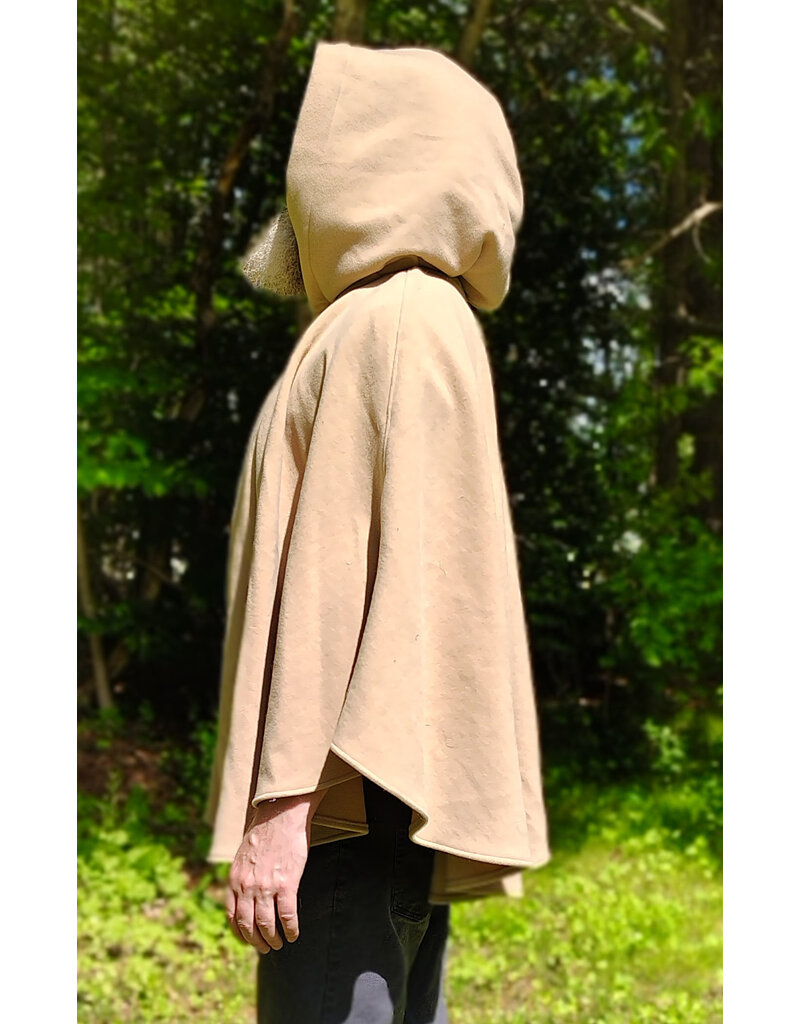 Cloakmakers.com 6050-Washable Beige Wool Cloak w/ Blue & Cream Floral Brocade Hood Lining & Matching Interior Pockets