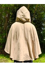 Cloakmakers.com 6050-Washable Beige Wool Cloak w/ Blue & Cream Floral Brocade Hood Lining & Matching Interior Pockets