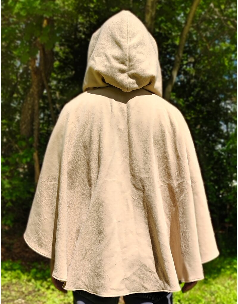 Cloakmakers.com 6050-Washable Beige Wool Cloak w/ Blue & Cream Floral Brocade Hood Lining & Matching Interior Pockets