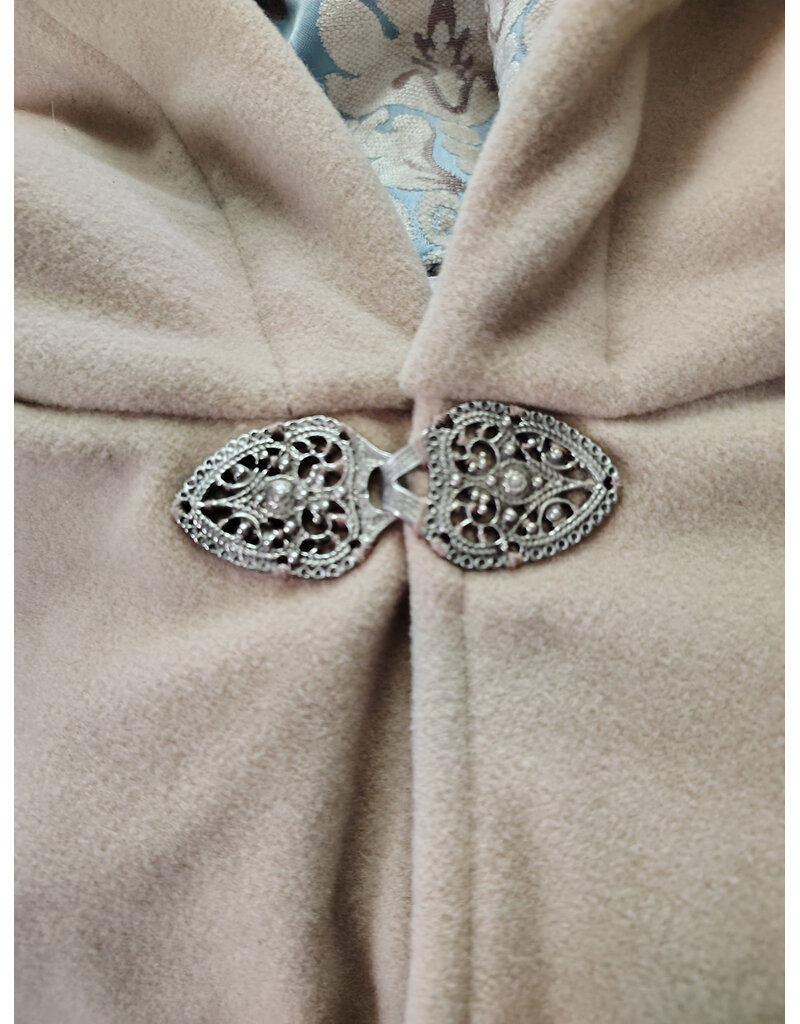 Cloakmakers.com 6050-Washable Beige Wool Cloak w/ Blue & Cream Floral Brocade Hood Lining & Matching Interior Pockets