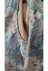 Cloakmakers.com 6050-Washable Beige Wool Cloak w/ Blue & Cream Floral Brocade Hood Lining & Matching Interior Pockets