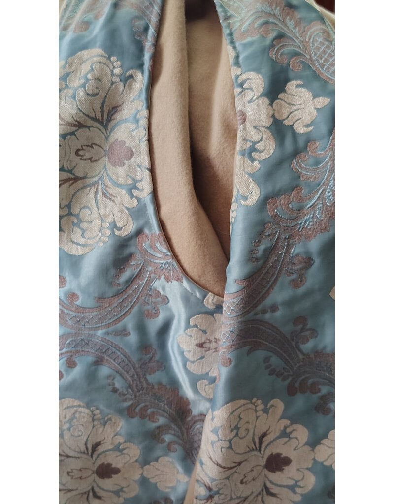 Cloakmakers.com 6050-Washable Beige Wool Cloak w/ Blue & Cream Floral Brocade Hood Lining & Matching Interior Pockets