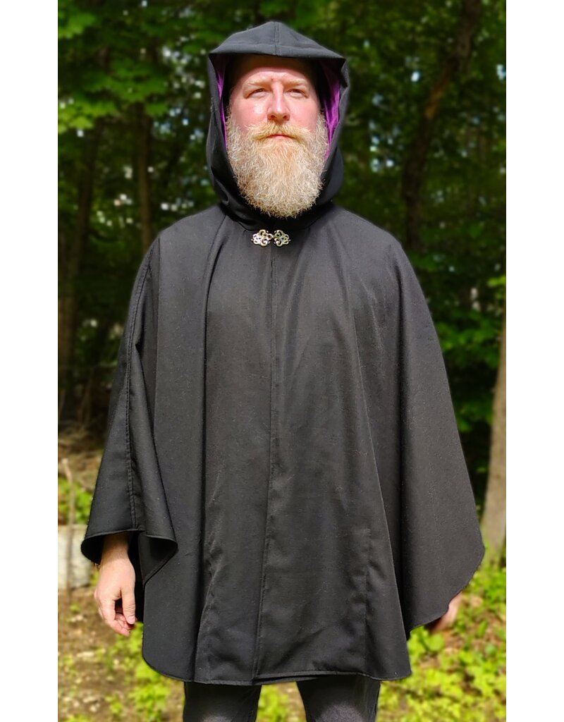 Cloakmakers.com 6051-Washable Black Woven Wool Blend Cloak w/ Purple Velvet Hood Lining & Interior Pockets