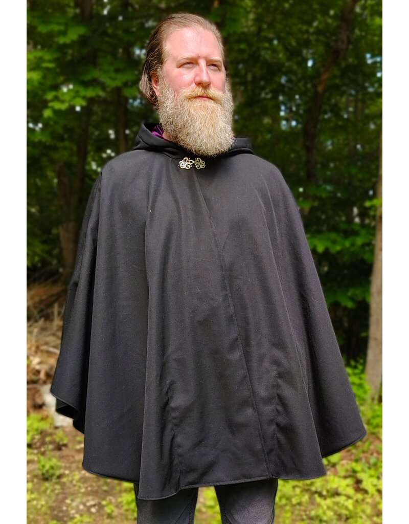 Cloakmakers.com 6051-Washable Black Woven Wool Blend Cloak w/ Purple Velvet Hood Lining & Interior Pockets