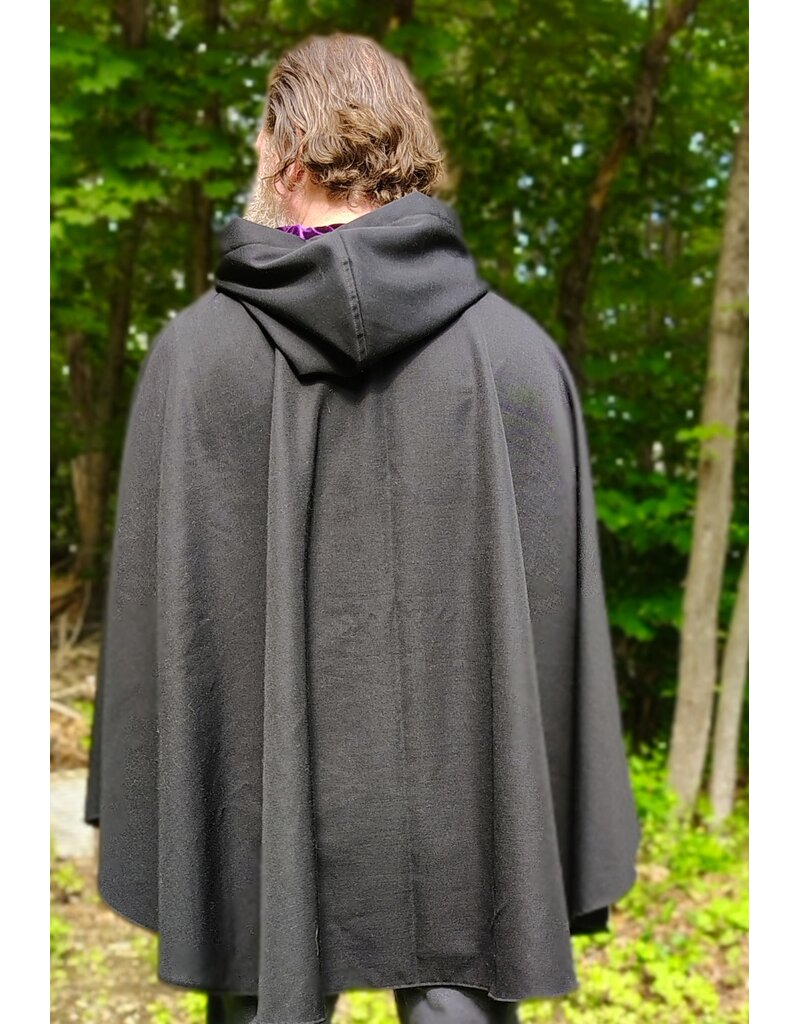 Cloakmakers.com 6051-Washable Black Woven Wool Blend Cloak w/ Purple Velvet Hood Lining & Interior Pockets