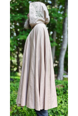 Cloakmakers.com 6052-Washable Lightweight Beige Wool Blend Cloak w/ Green Velvet Hood Lining & Leafy Vines Embroidery