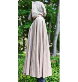 Cloakmakers.com 6052-Washable Lightweight Beige Wool Blend Cloak w/ Green Velvet Hood Lining & Leafy Vines Embroidery