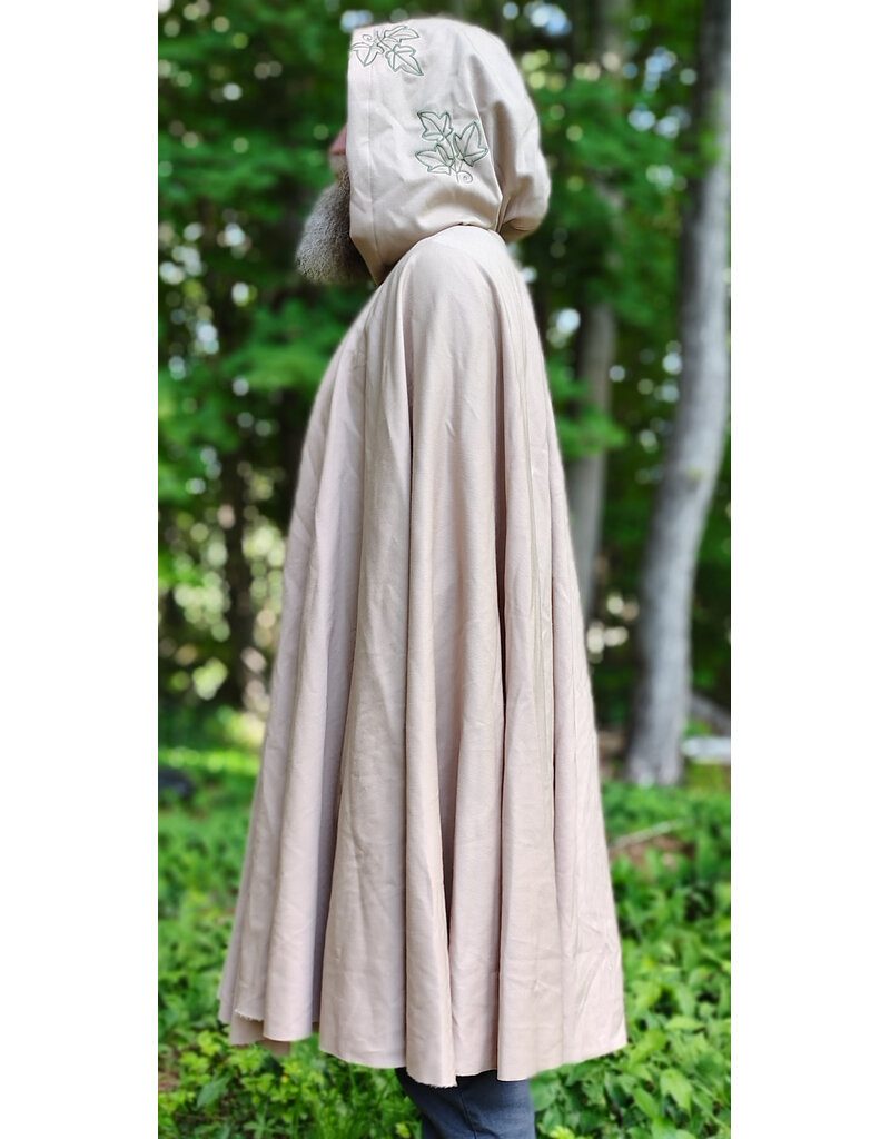 Cloakmakers.com 6052-Washable Lightweight Beige Wool Blend Cloak w/ Green Velvet Hood Lining & Leafy Vines Embroidery