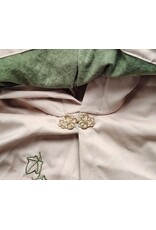 Cloakmakers.com 6052-Washable Lightweight Beige Wool Blend Cloak w/ Green Velvet Hood Lining & Leafy Vines Embroidery