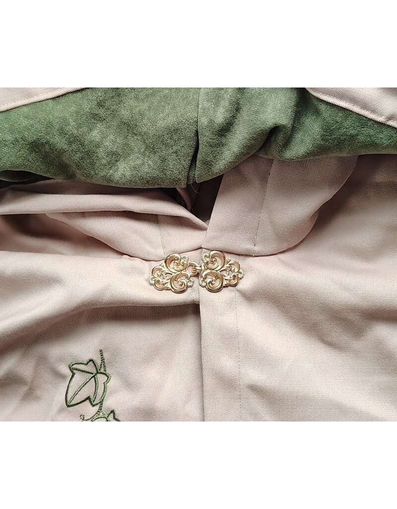 Cloakmakers.com 6052-Washable Lightweight Beige Wool Blend Cloak w/ Green Velvet Hood Lining & Leafy Vines Embroidery