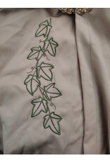 Cloakmakers.com 6052-Washable Lightweight Beige Wool Blend Cloak w/ Green Velvet Hood Lining & Leafy Vines Embroidery