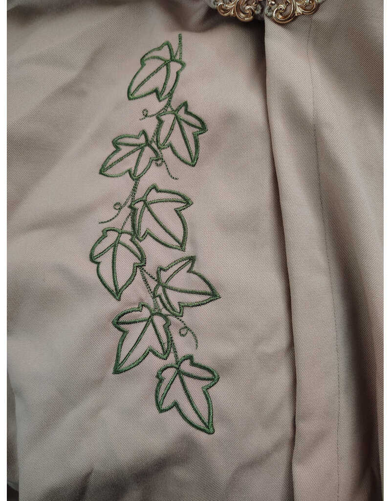 Cloakmakers.com 6052-Washable Lightweight Beige Wool Blend Cloak w/ Green Velvet Hood Lining & Leafy Vines Embroidery