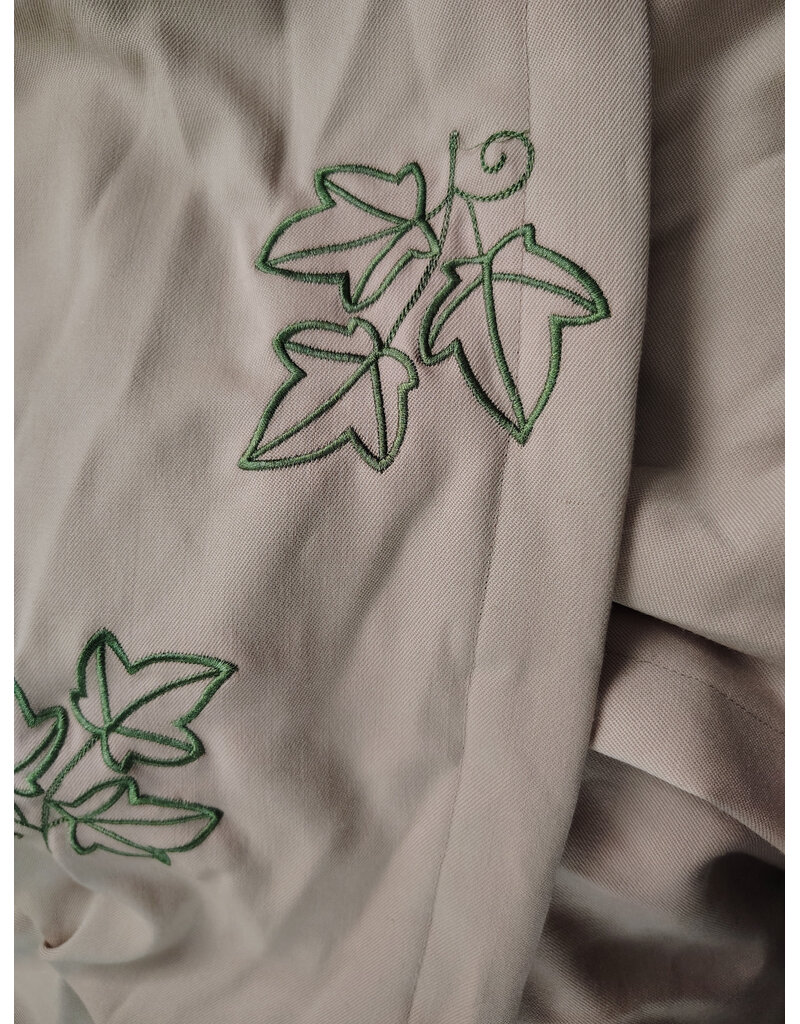 Cloakmakers.com 6052-Washable Lightweight Beige Wool Blend Cloak w/ Green Velvet Hood Lining & Leafy Vines Embroidery