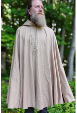 Cloakmakers.com 6052-Washable Lightweight Beige Wool Blend Cloak w/ Green Velvet Hood Lining & Leafy Vines Embroidery