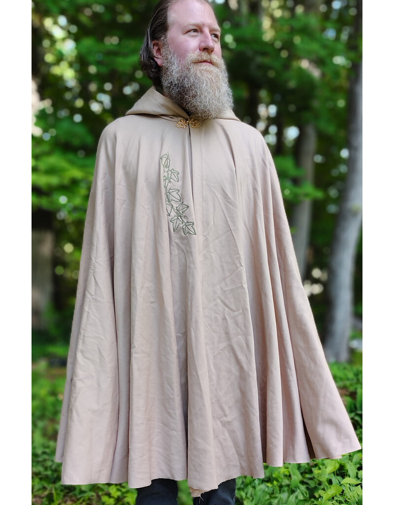 Cloakmakers.com 6052-Washable Lightweight Beige Wool Blend Cloak w/ Green Velvet Hood Lining & Leafy Vines Embroidery