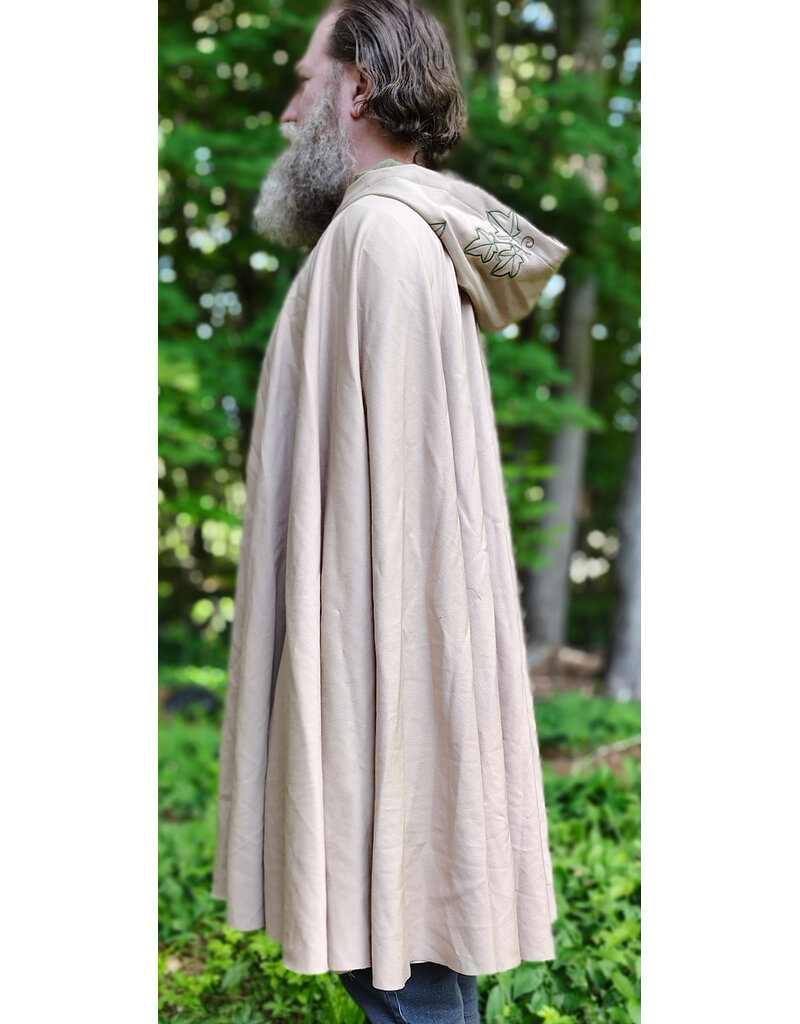 Cloakmakers.com 6052-Washable Lightweight Beige Wool Blend Cloak w/ Green Velvet Hood Lining & Leafy Vines Embroidery