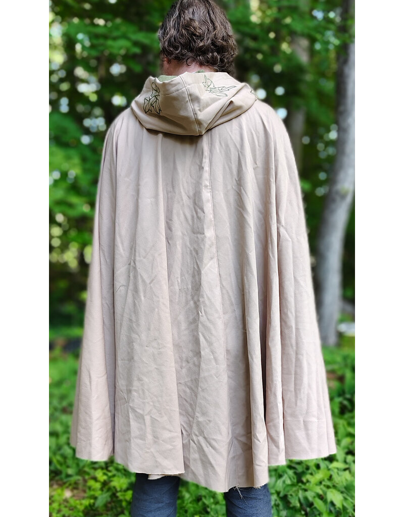 Cloakmakers.com 6052-Washable Lightweight Beige Wool Blend Cloak w/ Green Velvet Hood Lining & Leafy Vines Embroidery