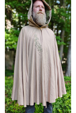 Cloakmakers.com 6052-Washable Lightweight Beige Wool Blend Cloak w/ Green Velvet Hood Lining & Leafy Vines Embroidery