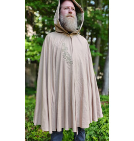 Cloakmakers.com 6052-Washable Lightweight Beige Wool Blend Cloak w/ Green Velvet Hood Lining & Leafy Vines Embroidery