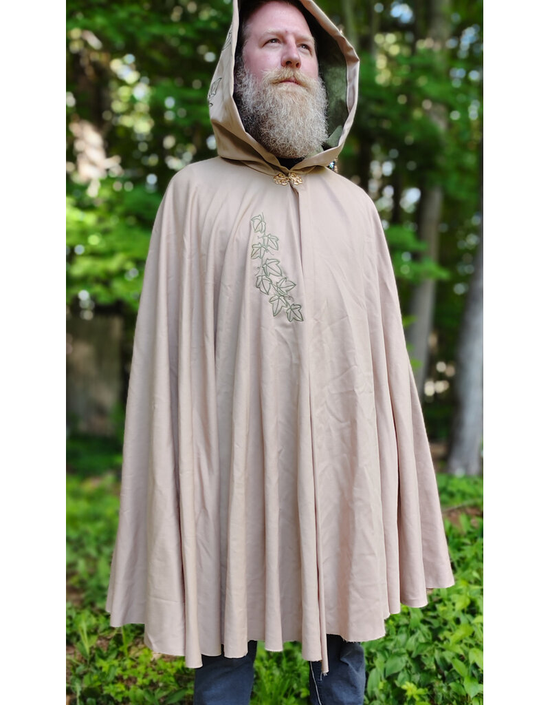 Cloakmakers.com 6052-Washable Lightweight Beige Wool Blend Cloak w/ Green Velvet Hood Lining & Leafy Vines Embroidery
