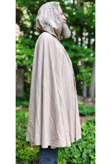 Cloakmakers.com 6052-Washable Lightweight Beige Wool Blend Cloak w/ Green Velvet Hood Lining & Leafy Vines Embroidery