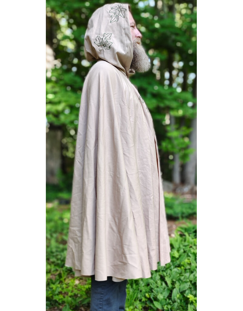 Cloakmakers.com 6052-Washable Lightweight Beige Wool Blend Cloak w/ Green Velvet Hood Lining & Leafy Vines Embroidery