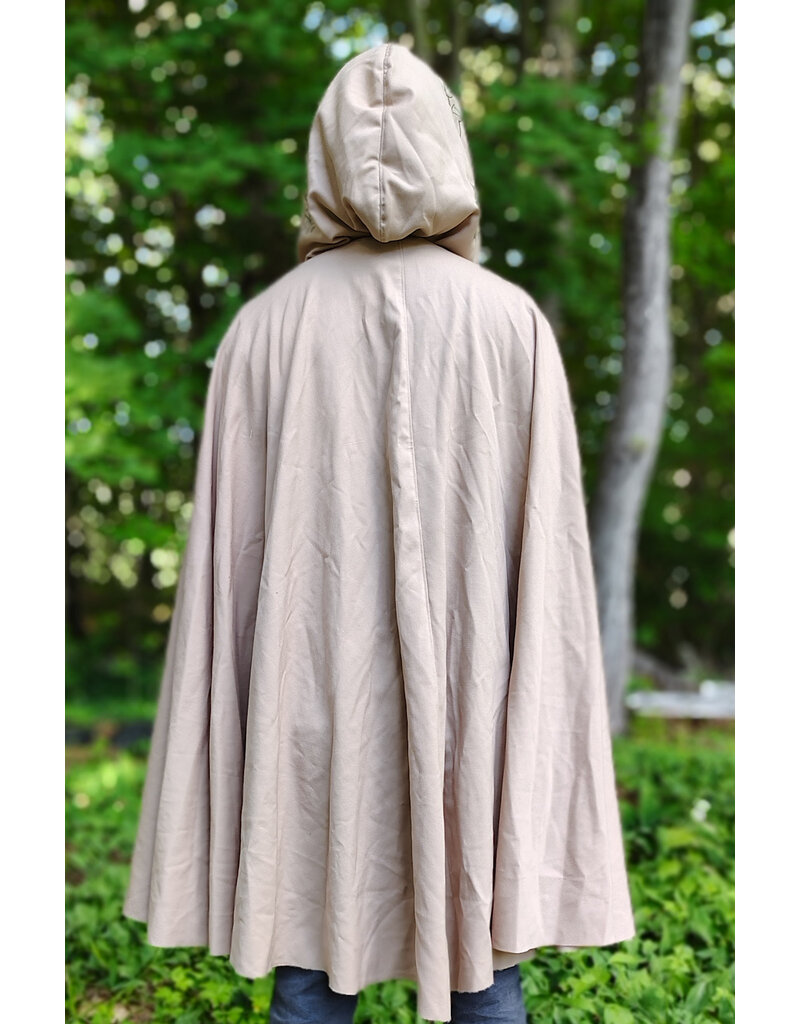 Cloakmakers.com 6052-Washable Lightweight Beige Wool Blend Cloak w/ Green Velvet Hood Lining & Leafy Vines Embroidery