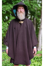 Cloakmakers.com 6053-Washable Dark Brown Wool Blend Ruana Cloak w/ Emerald Green Velvet Hood Lining & Gold Tone Multileaf Clasp