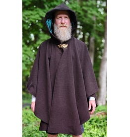 Cloakmakers.com 6053-Washable Dark Brown Wool Blend Ruana Cloak w/ Emerald Green Velvet Hood Lining & Gold Tone Multileaf Clasp
