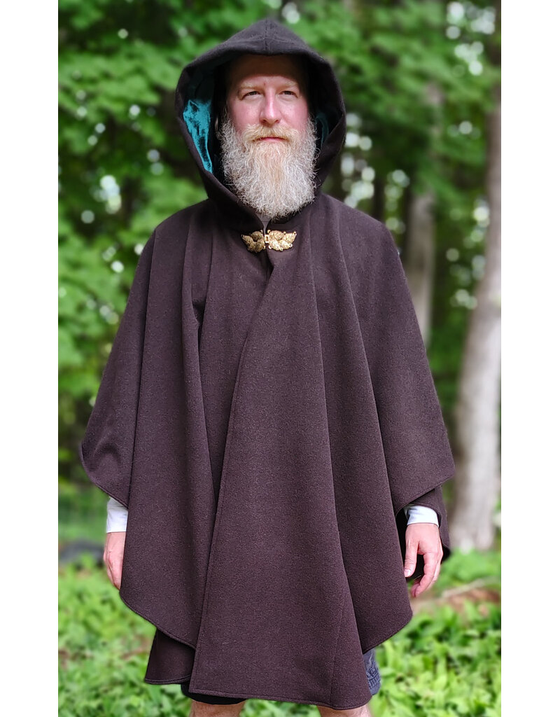 Cloakmakers.com 6053-Washable Dark Brown Wool Blend Ruana Cloak w/ Emerald Green Velvet Hood Lining & Gold Tone Multileaf Clasp