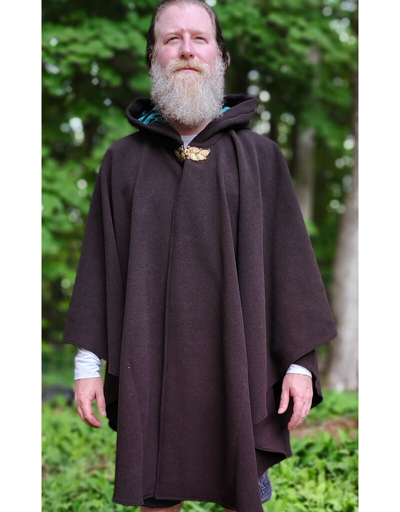 Cloakmakers.com 6053-Washable Dark Brown Wool Blend Ruana Cloak w/ Emerald Green Velvet Hood Lining & Gold Tone Multileaf Clasp