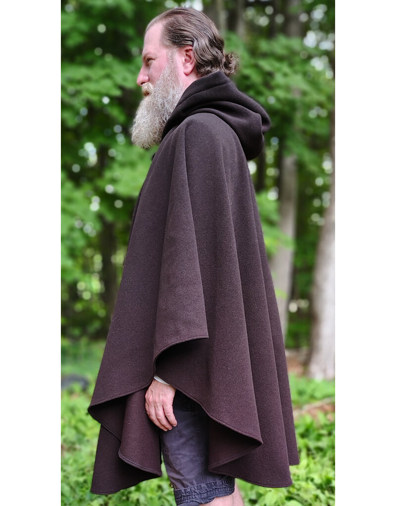 Cloakmakers.com 6053-Washable Dark Brown Wool Blend Ruana Cloak w/ Emerald Green Velvet Hood Lining & Gold Tone Multileaf Clasp