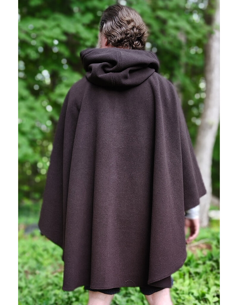 Cloakmakers.com 6053-Washable Dark Brown Wool Blend Ruana Cloak w/ Emerald Green Velvet Hood Lining & Gold Tone Multileaf Clasp