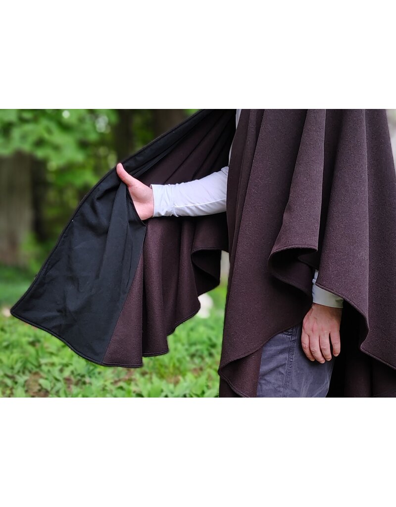 Cloakmakers.com 6053-Washable Dark Brown Wool Blend Ruana Cloak w/ Emerald Green Velvet Hood Lining & Gold Tone Multileaf Clasp