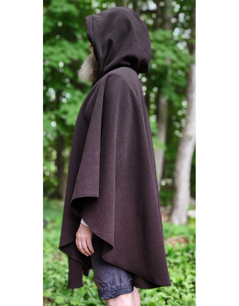 Cloakmakers.com 6053-Washable Dark Brown Wool Blend Ruana Cloak w/ Emerald Green Velvet Hood Lining & Gold Tone Multileaf Clasp