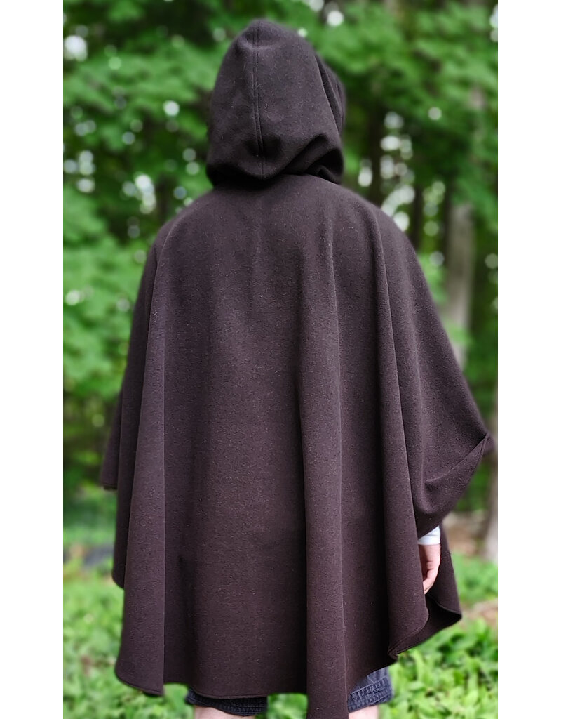 Cloakmakers.com 6053-Washable Dark Brown Wool Blend Ruana Cloak w/ Emerald Green Velvet Hood Lining & Gold Tone Multileaf Clasp